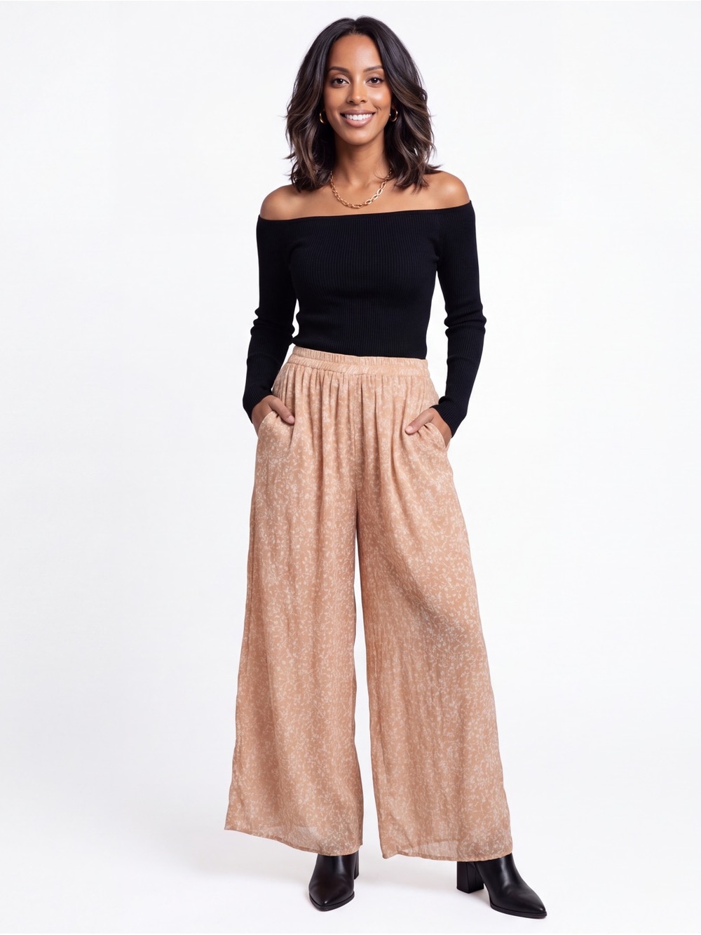 Soji tan and cream ditsy floral crinkle sheer pants